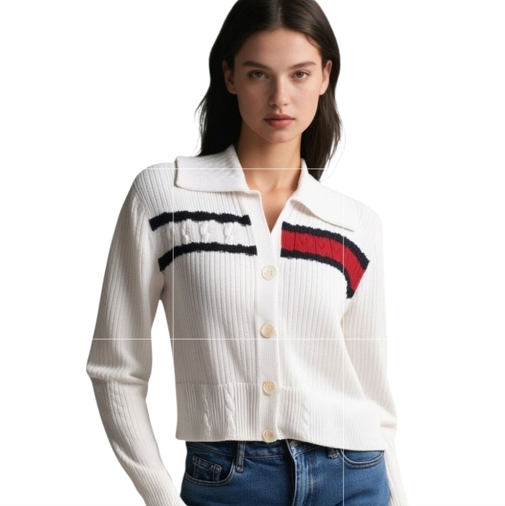 Tommy Hilfiger 90's White Blue and Red Classic Cable Knit Cardigan